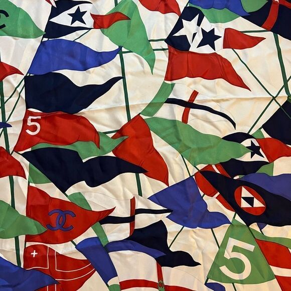 AUTH CHANEL FLAG SCARF- 100% silk - Picture 2 of 6